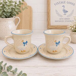Vintage Aunt Rhody Brickoven Stoneware Goose 2 Cup & Saucer Sets Blue Trim